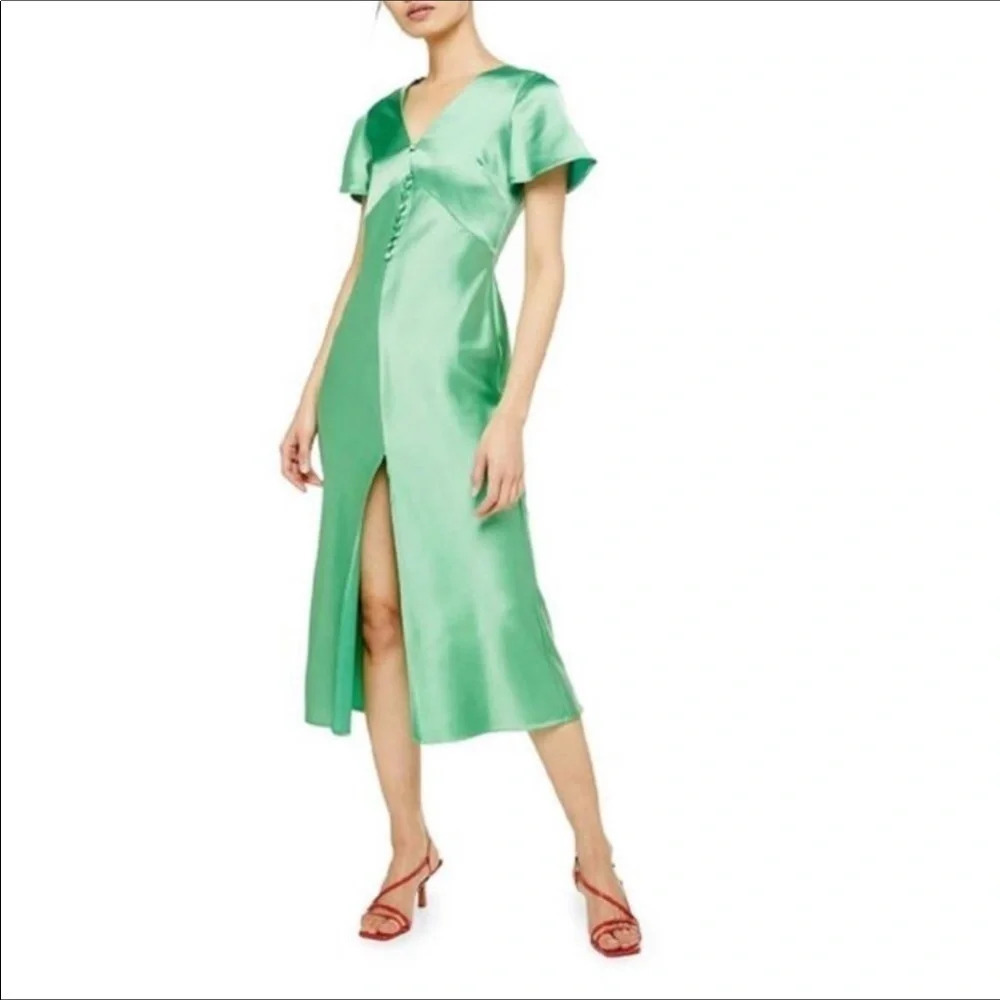 TopShop Angel Sleeve Bias Cut Satin Dress Green 8 - Picture 2 of 11